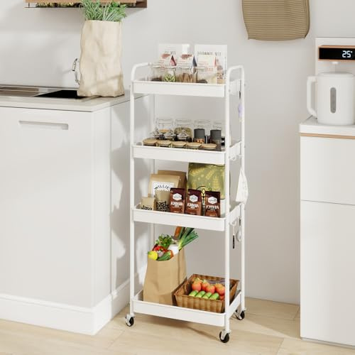 PUNCIA Carro de Almacenamiento de 4 Niveles Carrito de Servicio de Metal | Carrito Auxiliar Metálico con 6 Ganchos para Cocina Baño Salón Estantería con Ruedas Organizador Móvil Estantes Blanco