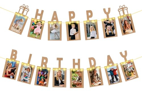 Happy Birthday Decor, Seutgjie, Paese fotografico, per compleanno, bambini, donna, uomo, con catena luminosa a LED, sacchetti OPP e 15 carte glitterate per foto