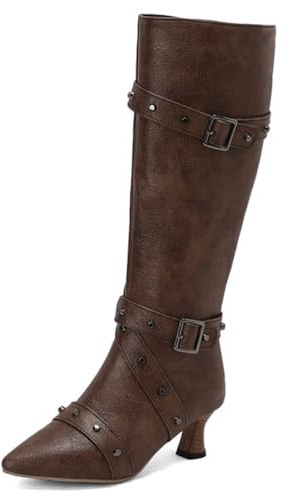 Qynthra Botas hasta La Rodilla Mujer Cuero con Doble Correa Hebilla Tacón Bajo De Madera Montar Exterior Casual Duradero,Marrón,49 EU