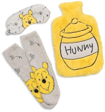 Disney Winnie the Pooh Yellow Hot Water Bottle | Soft Fluffy Material with Eye Mask and Socks | Adults Relaxation and Sleep Essentials | Winnie the Pooh Merch