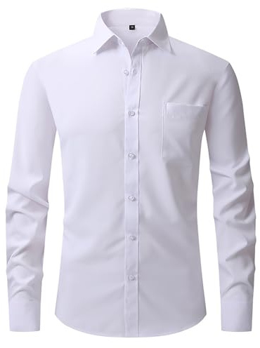 Youkly Mens Shirts Long Sleeve Stretch Dress Shirt Casual Business Formal Wedding Work Shirts Men Button Down White Black Shirts (UK, Alpha, M, Regular, Regular, White)