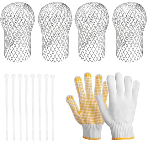 Lot de 4 protections anti-feuilles pour gouttières - Avec serre-câbles et gant, protection de tuyau de pluie en aluminium - Protection contre les feuilles - Pour tuyaux de toit, tuyaux de descente
