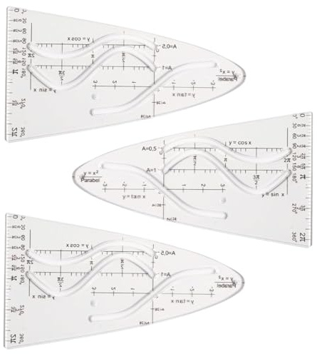 KAHZOR 3 piezas plantillas parabólicas matemáticas, regla de plástico con líneas de seno y coseno, curvas para dibujo técnico, set estudiantes y profesionales de oficina, resistente y preciso