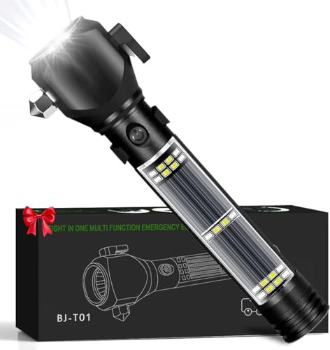 Serjur Multi Function LED Torch Battery Powered,USB Rechargeable Solar Powered Hand Flashlight with Glass Breaker,Seatbelt Cutter,Alarm and Phone Charger, Car LED Tactical Flashlight for Emergencies