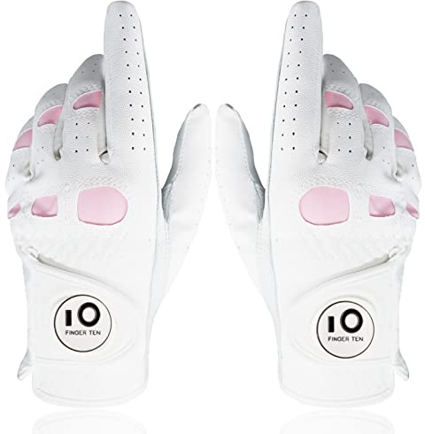 FINGER TEN Gants de Golf en Cuir pour Femme avec marqueur de Balle - Prise en Main supplémentaire - pour Main Gauche et Droite - Rose - Taille S, M, L et XL (Blanc&Rose-1 Paire, Small)