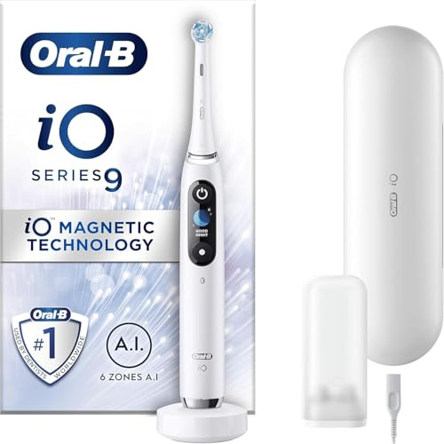 Oral-B iO9 Electric Toothbrush For Adults, Oral B Electric Toothbrushes, App Connected Handle, 1 Toothbrush Head and Charging Travel Case, 7 Modes with Teeth Whitening, 2 Pin Plug, White
