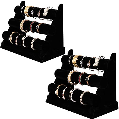POLMART 2 Stück Schmuckständer, Samt Schmuckhalter mit 3 Rollen, für Uhren und Armbänder - Schwarz