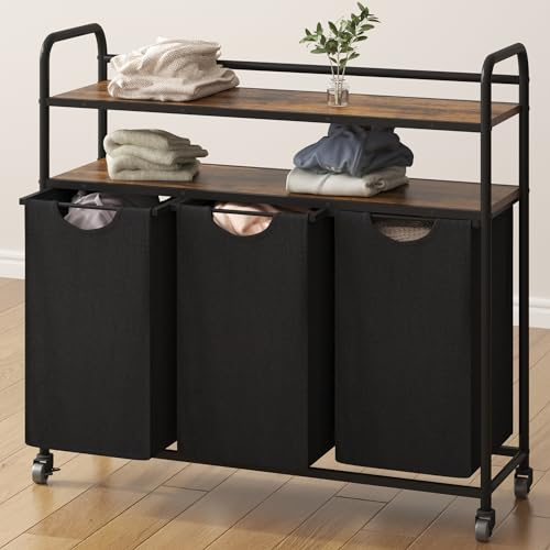 Hzuaneri Panier à Linge à 3 Compartiments, avec 2 étagères, Sac à Linge Extensible et Amovible, par Sac de 46 l, 3 x 46 l, pour Salle de Bain, buanderie, Marron Vintage/Noir LB08601B