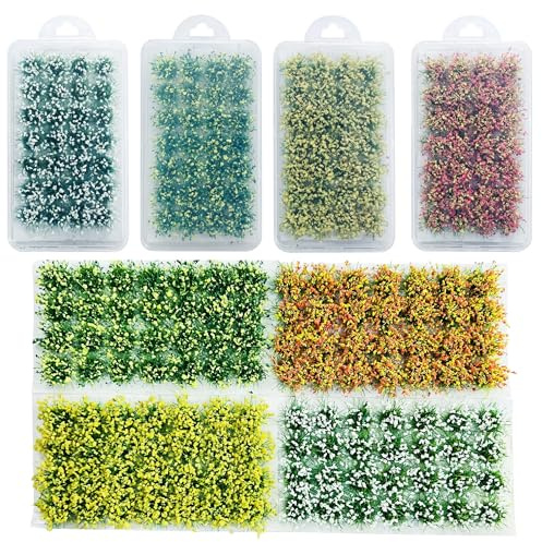 Woohome 112 stycken miniatyrer, färgglada blomkluster, 4 färger, statisk gräs, tuft, modell, vegetation, grupper, statiskt gräs, tuftar för gör-det-själv modell, tåg, landsbygd, landskap, gräs, tuftar