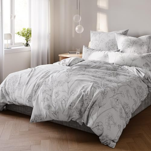 Pure Label Blumen Bettwäsche 135x200 cm mit einem Kissenbezug 40x80 cm - Traumhaft weiches Bettwäsche-Sets 135 x 200 cm in grau aus 100% Baumwolle mit YKK Reißverschluss