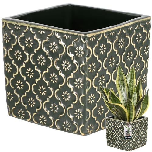 KOTARBAU® Keramik Blumentopf Quadratisch Vintage Dunkel Grün 13x13cm H: 13cm Glasierte Keramik 1 St. Viereckig Pflanzkübel Drinnen Pflanzgefäß