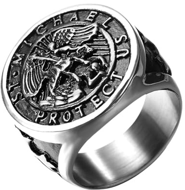 Flongo Saint Michael sigillring för män: Guld silver religiös ring amulett helig Michael rostfritt stål beskyddare smycken signnet ring religion rund retro band gåva storlek från 57 till 71