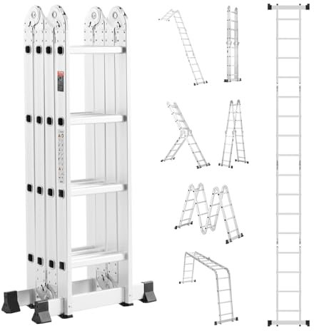 VEVOR Échelle Pliante Polyvalente 7 en 1 Escabeau Télescopique Réglable avec Barre Équilibre, Hauteur de Portée 4,6 m, Charge 150 kg, Échelle Multifonction Cadre A 4 Marches, pour Extérieur Intérieur