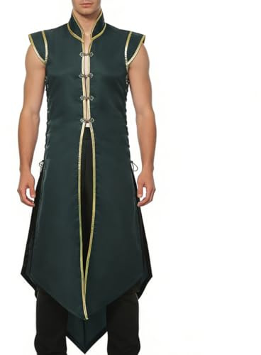 UniqKaliber Gilet Lungo da Uomo Medievale Vichingo Rinascimentale Senza Maniche Tunica Tabard Cavaliere Costume Cosplay, Verde, XX-Large-3X-Large