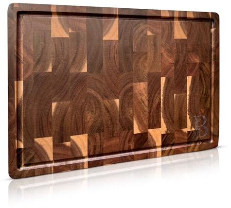 BAMLUX Planche à découper en bois d'acacia de qualité supérieure - Grande - 35 x 25 x 2,8 cm - Grain fin / bois de bout - Planche à découper Gourmet avec rainure à jus et antidérapante - Pour