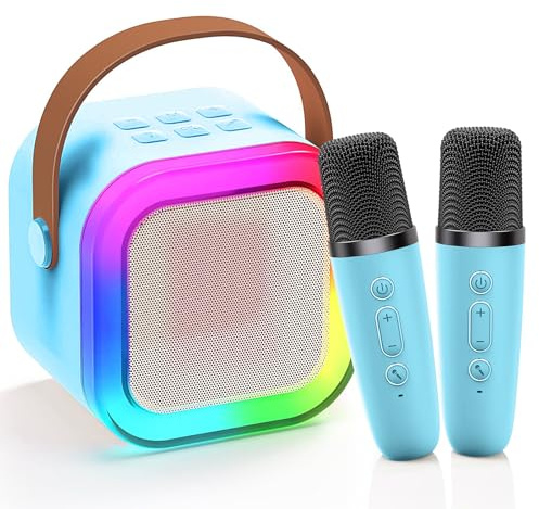 Karaoke Infantil con 2 Microfonos Inalambricos, Bluetooth Mini Máquina de Karaoke con Luces LED y Efectos de Sonido Mágicos, Portátil Máquina de Karaoke para Niñas Niños Fiesta