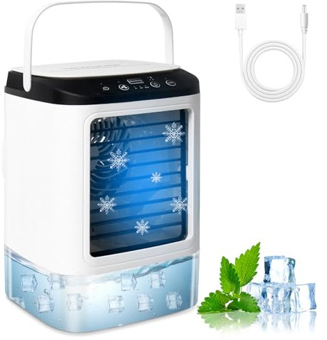 Bwaliffury Climatiseur Mobile 4 en 1, Refroidisseur d'air Portable, Mini Climatiseur Ventilateur, 3 Vitesses& 2 Brumes, 90° Oscillation & 900ML,Climatiseur Mobile Silencieux pour Camping,Bureau,Maison