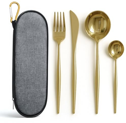 Eidsefe Travel Cutlery Set with Case, 4-Piece Reusable Stainless Steel Flatware Set Including Fork, Knife, Spoon, Portable Camping Cutlery Ideal for School, Work, Picnic, Travel & Lunchbox (Gold)