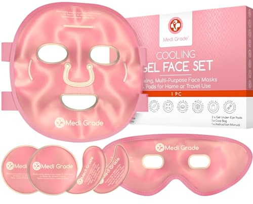 Maschera Viso e Occhi Rinfrescante, Rosa – Gel a Tecnologia Medi Grade – Set Completo di Maschera per il Viso, Patch Occhi e Contorno Occhi, con Borsa – Rinfresca, Contro Gonfiore e Occhiaie
