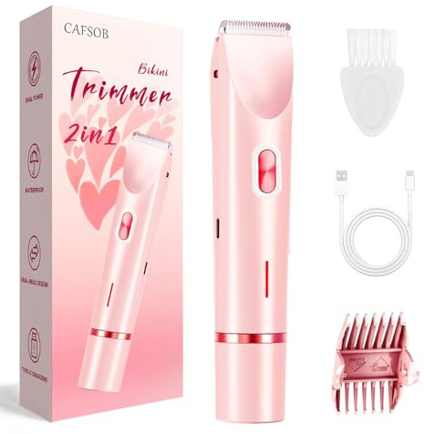 CAFSOB Bikini Trimmer for Women, 2 in 1 Electric Razors for Women, Dermave Bikini Shaver 2.0, IPX7 Waterproof & Easy Cleaning, Ceramic Blade, 120 Min Cordless Runtime, Ultra Low Silent (Pink).