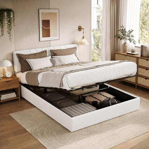 JiaOyu Letto imbottito 140 x 190 cm, Letto contenitore idraulico con stazione di ricarica USB, letto matrimoniale con rete a doghe e testiera imbottita, letto per ragazze e ragazzi, senza materasso