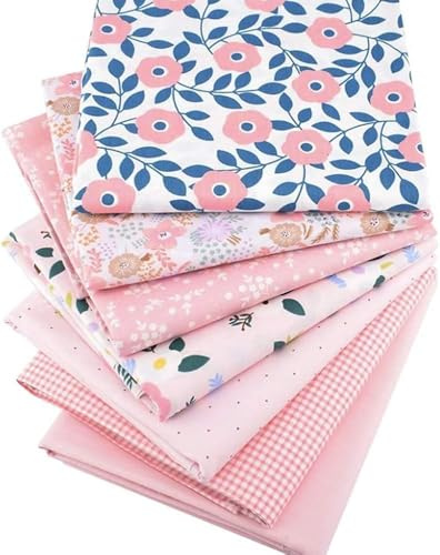 Kalolary 7PCS Pink Fat Quarters Fabric Bundles, Soft & Durable Cotton Print Fabric, Quilting Fabric for DIY Sewing Patterns Craft（19.6 x 15.7）