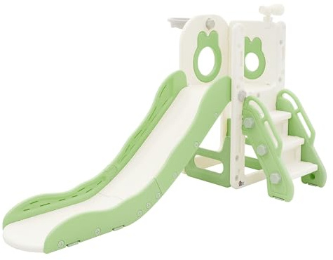 Joyz Toboggan 3-en-1 Blanc-Vert pour Enfants, Structure de Jeu Intérieur/Extérieur avec Panier de Basket, Échelle Sûre, Glissière Stable en Plastique, Jouet d’Activité pour Tout-Petits dès 3 Ans