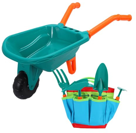 Bewinner Kids Gardening Tool Set with Wheelbarrow, Watering Can, Gloves, Shovel, Rake & Fork – Realistic Toddler Gardening Tools for Indoor Outdoor Play, Safe Plastic Pretend Play Set for