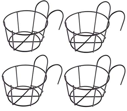 4 Pack Hanging Railing Planters Flower Pot Holders Plant Iron Racks Fence Metal Potted Stand Mounted Balcony Round Plant Baskets Shelf Container Box for Indoor&Outdoor Use-Black,Garden Steel Pots,6.3