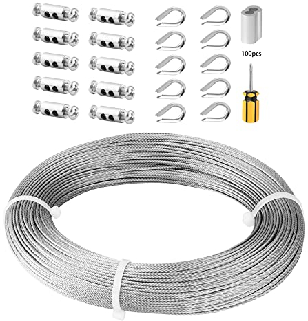 Abimars Cavo acciaio 304 inox 100m, con Manicotti in alluminio, ditali, ideale per piante rampicanti, guida per illuminazione, decorazione per uccelli, cibo, fiori, fai da te