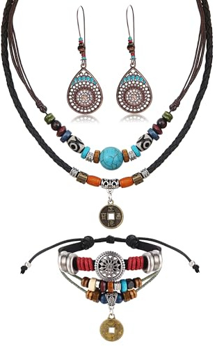 MILACOLATO Joyería Bohemia Multicapa Turquesa Larga Gargantilla Collar Pendientes Colgantes Cuerdas de Cáñamo Cuentas Cuero Gargantilla Wrap Pulsera Western Native American Jewelry Set para Mujer