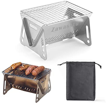 Portable Backpacking Stove with Grill Grid, Folding Stainless Steel Charcoal Grill, Ultralight BBQ Wood Burning Camp Stove for Hiking Picnic Garden Backyard Cooking