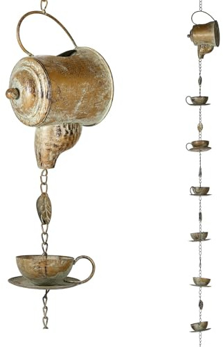 Jemeni Teapot & Teacups Rain Chain, 8.5 Ft Copper Patina Rain Chain for Gutters, Decorative Downspout Replacement with Hanging Bell