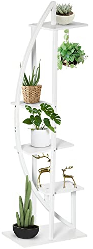Outsunny Porta Piante a 5 Livelli a Mezzaluna, Portafiori per Interni ed Esterni in MDF e Acciaio, 50x30x160 cm, Bianco