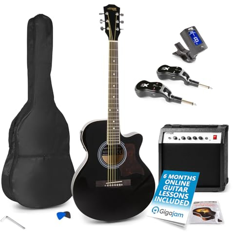 Max Showkit Wireless Electric Acoustic Guitar Kit – Beginner Electric Acoustic Guitar Starter Kit with Accessories & 6 Months Lessons – Ideal for New Players in Black