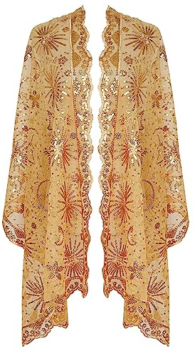 L'VOW Bufanda brillante de los años 20 para mujer, de malla, con lentejuelas, capa de boda, con flecos, chal de noche, S4-oro, Talla única