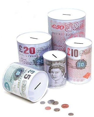 Sterling Pound Note Design Money Savings Tin Box Piggy Bank 15cm x 10cm Money Savings Tin Box Piggy Bank Money Pot Tinplate Saving Money Box £5 £10 £50 £20 Size.