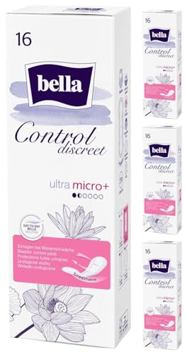 bella Control Discreet Inkontinenz-Einlagen Ultra Micro Plus im 4er Pack (4 x 16 Stück), Hygieneeinlagen für leichte Blasenschwäche, atmungsaktiv und sanft zur Haut, latexfrei