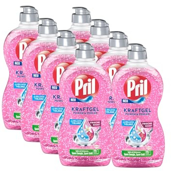 PRIL Kraft Gel Power & Perlen (8 x 450 ml), Detergente para lavavajillas a mano con alto poder desengrasante, para vajilla limpia con brillo brillante y frescura