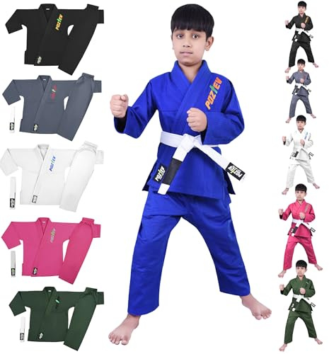 POZTEV Kids Brazilian Jiu Jitsu Gi for Kids BJJ Gi Youth Grappling Kimonos Preshrunk Lightweight Children Martial Arts Training Uniform with Free White Belt (BL,K00)