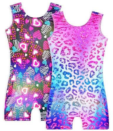 Snowheart Gymnastics Leotards for Girls - 2 Pack of Sparkly One-Piece Pro Kids Unitard Biketards with Shorts for Ages 2-9