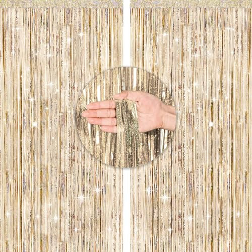 G2PLUS Glitzer Lamettavorhängen Champagner Gold, Metallic Lametta Vorhangs, 2 Stück Glitzernde Vorhänge für Party, Lametta Dekovorhänge für Geburtstags, Themenparty, Weihnachten Deko