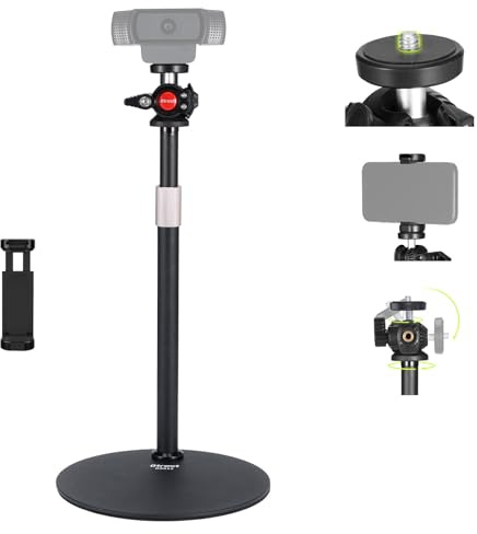 OTREST Support Bureau pour Webcam avec Support Téléphone, Rotule 360°, Filetage 1/4 Compatible avec Logitech BRIO C920, Support Bureau Webcam Hauteur Réglable pour Tiktok/Youtube Streaming, DS012