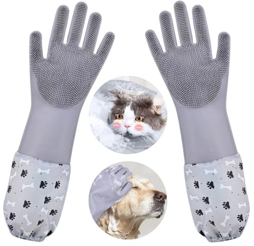 GALYNA Dog Washing Gloves, Pet Grooming Gloves with Soft Brushes, Bathing and Massaging for Dogs and Cats, Silicone Heat Resistant Cleaning Gloves with High-Density Teeth (Gray)