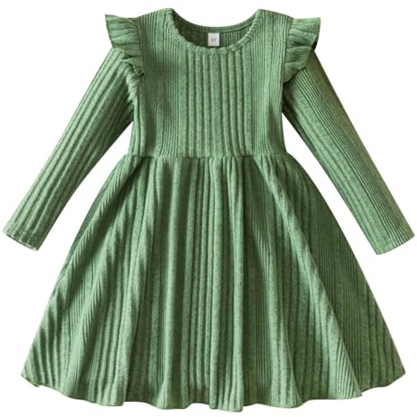 Vestito autunnale per bambine IBAKOM, a maniche lunghe, con ruches, in pizzo, a costine, in maglia elegante, vestito da principessa, vestito per feste di Natale, abiti per l'inverno, Verde, 4 anni