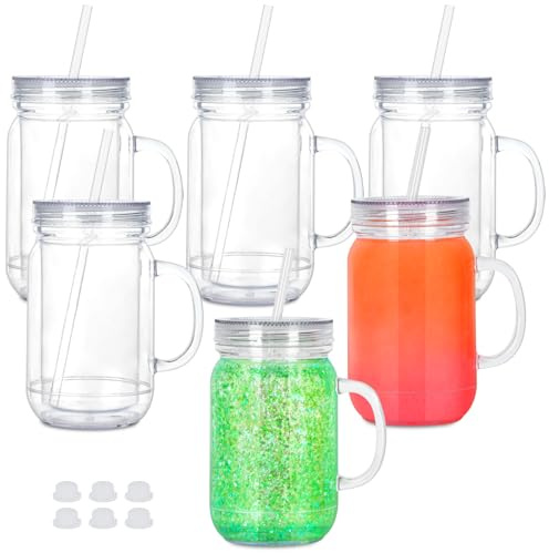 Vaso acrílico de 20 onzas con asa, paquete de 6 tarros de plástico de doble pared preperforados para bricolaje de globo de nieve con purpurina, taza de globo de nieve de doble pared con tapa