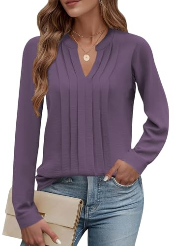 Cuptacc Chemise Femme Manches Longues Col en V Pull Femme Couleur Unie Décontractée Tee Shirt Automne Violet, Grand L 42-44