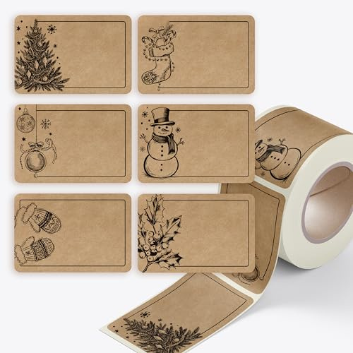 colortouch klistermärken för märkning jul – 250 st märkbara kraftpapper optik presentklistermärken – 37 x 55 mm rektangulär rulle vintage juldekoration för förpackning, presenter, gran