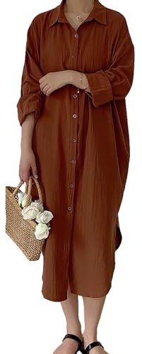 amropi Mujer Maxi Botones Camisa Vestido Suelto Manga Larga Blusa Cuello en V Casual Camisetas con Cinturón