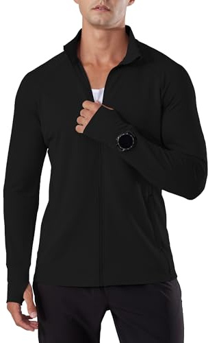 Locachy Men's Lightweight Quick Dry Athletic Jacket Full Zip Stand Collar Running Workout Performance Shirt Black XL